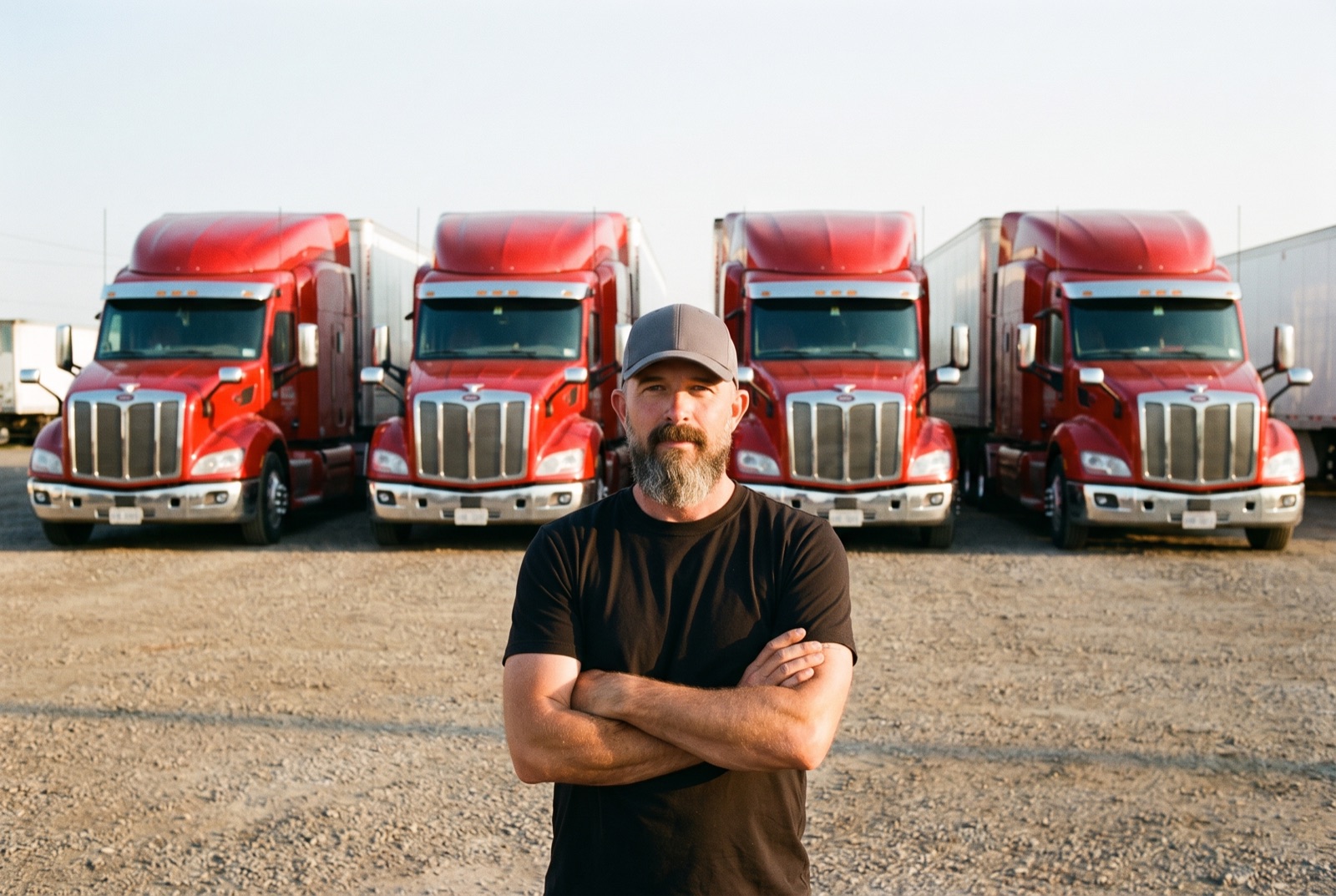 Owner-operator with his four red Peterbilts