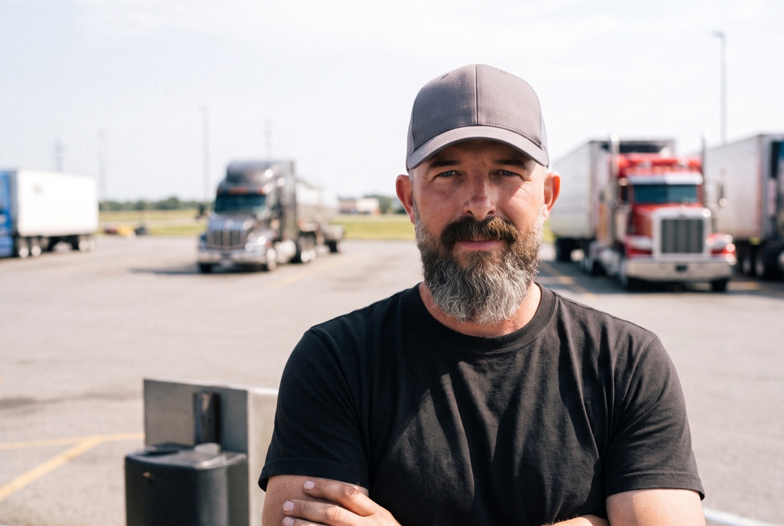 Wade fueling his red Peterbilt at a truck-stop fuel island