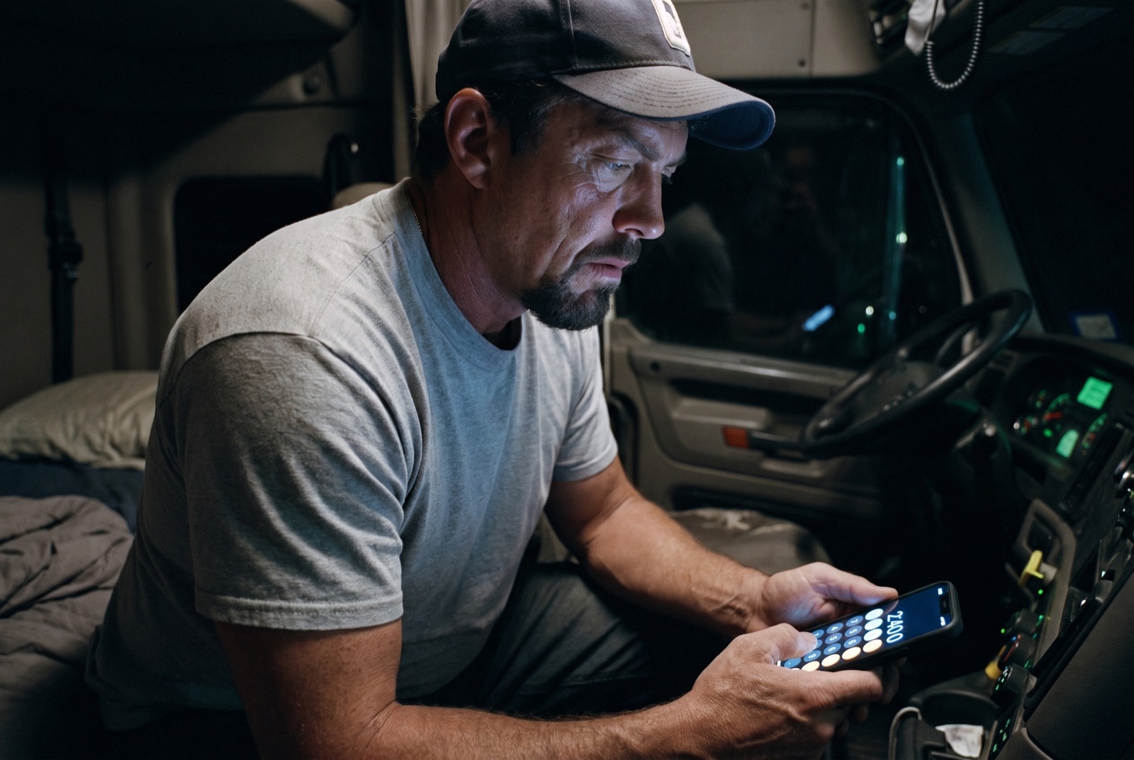 Marcus alone in his cab at night doing the math on his phone